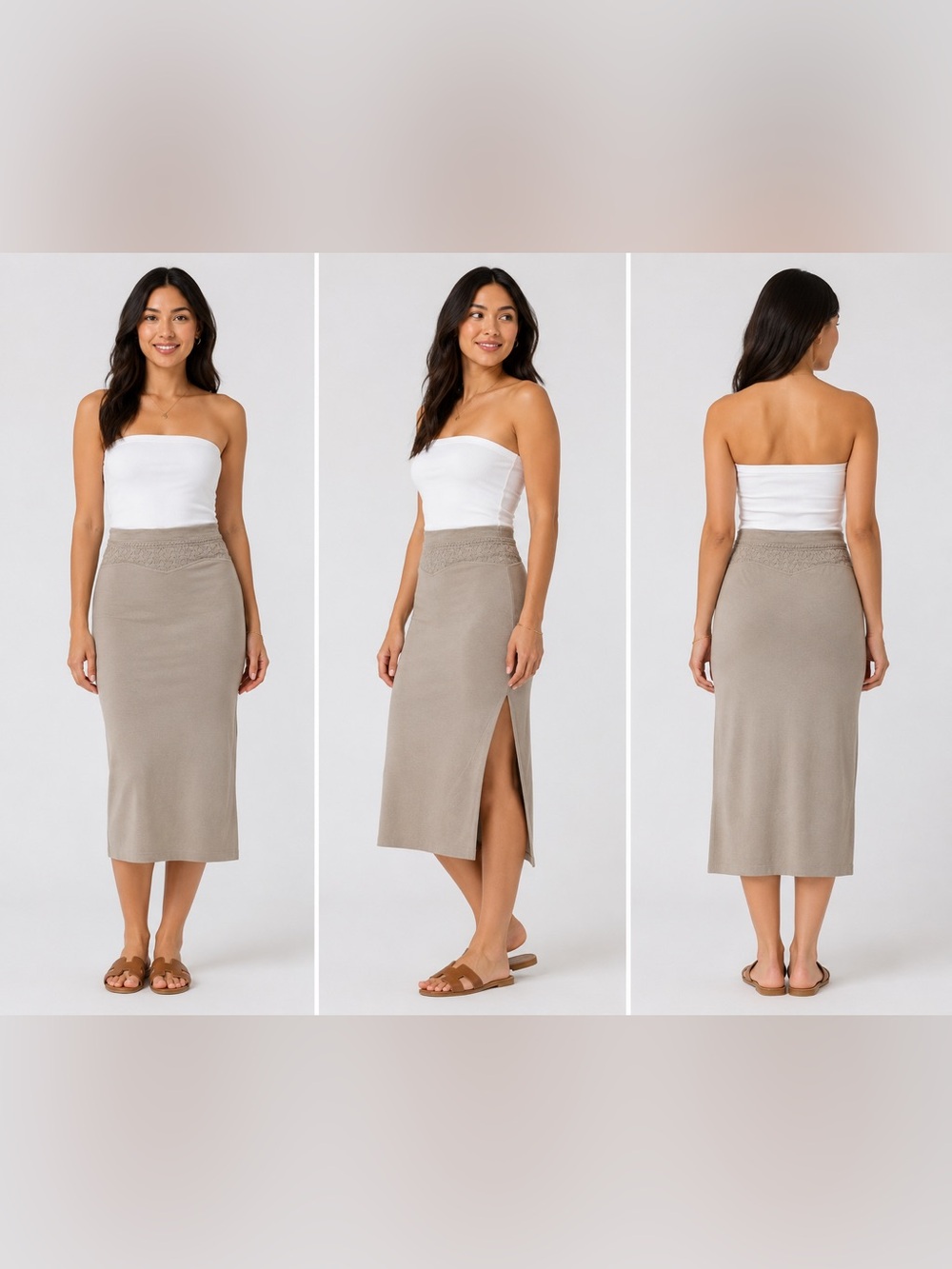 House of Harlow 1960 Beige Knit Midi Skirt Side Slit High Waist Medium